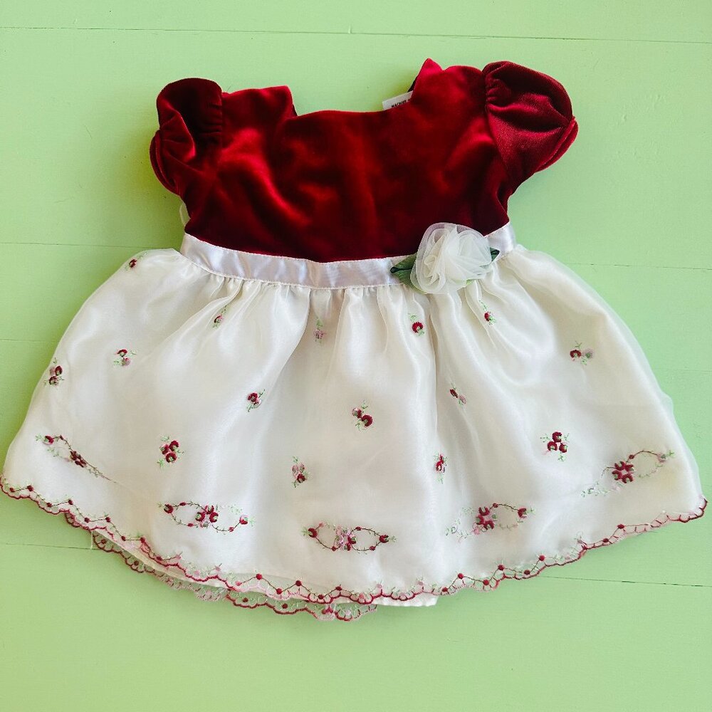 Red Velvet and White Embroidered Girls' Dress